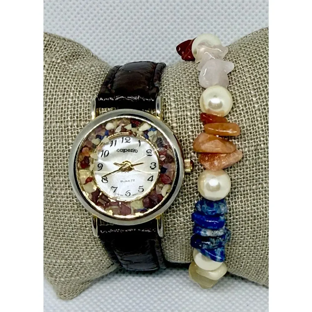 Capezio Gemstone Watch and Bracelet Set Faceted Crystal Leather